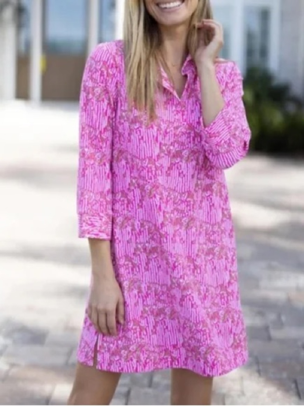 🩷JUDE‎ CONNALLY Preppy Jude Cloth Pink Gold Zebra Stripe Collared Dress XS 🦓